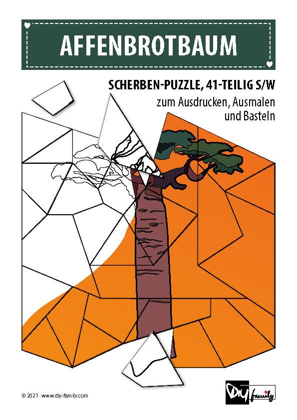 Affenbrotbaum – Scherben-Puzzle zum Ausdrucken, Ausschneiden und Ausmalen