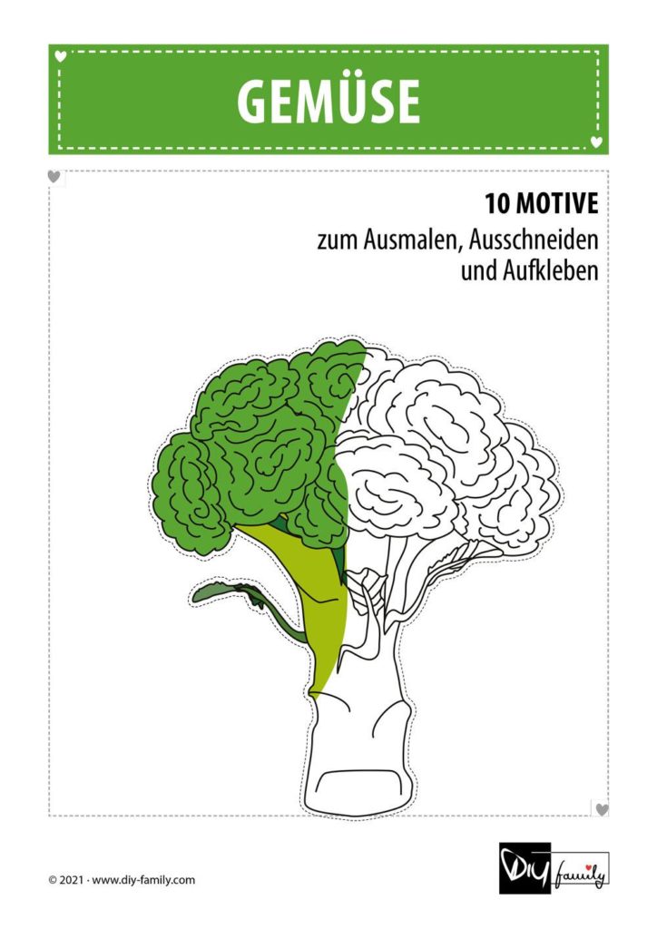 Gemüse – Motive zum Ausmalen, Ausschneiden und Aufkleben