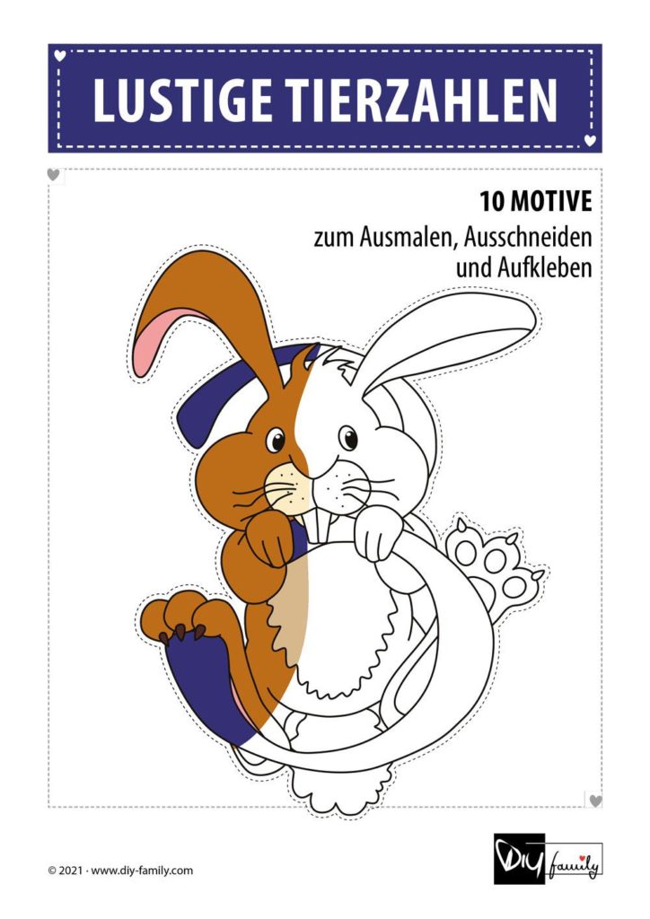 Tierzahlen – Motive zum Ausmalen, Ausschneiden und Aufkleben