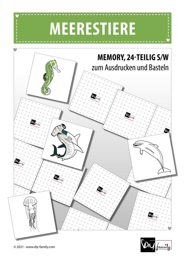 Meerestiere – Memory zum Ausschneiden und Ausmalen