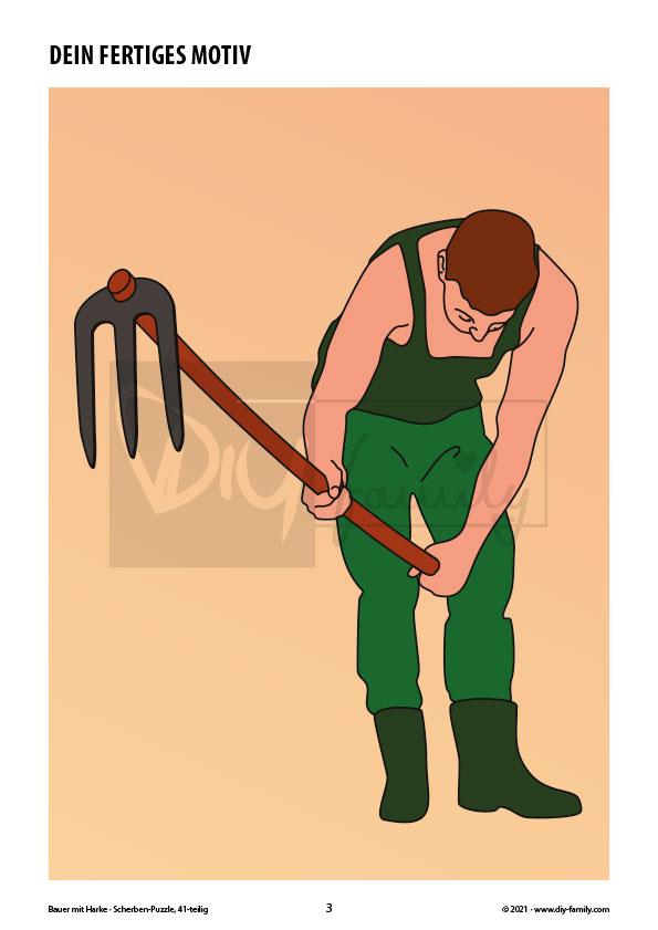 Bauer mit Harke – Scherben-Puzzle zum Ausdrucken, Ausschneiden und Ausmalen