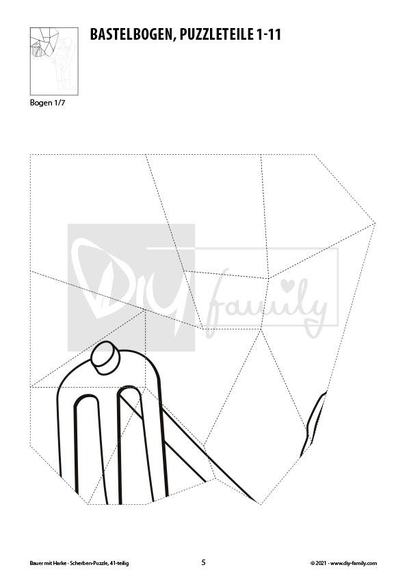 Bauer mit Harke – Scherben-Puzzle zum Ausdrucken, Ausschneiden und Ausmalen