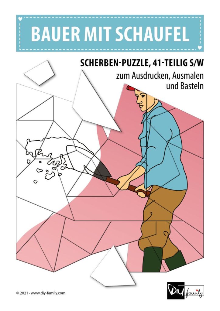 Bauer mit Schaufel – Scherben-Puzzle zum Ausdrucken, Ausschneiden und Ausmalen