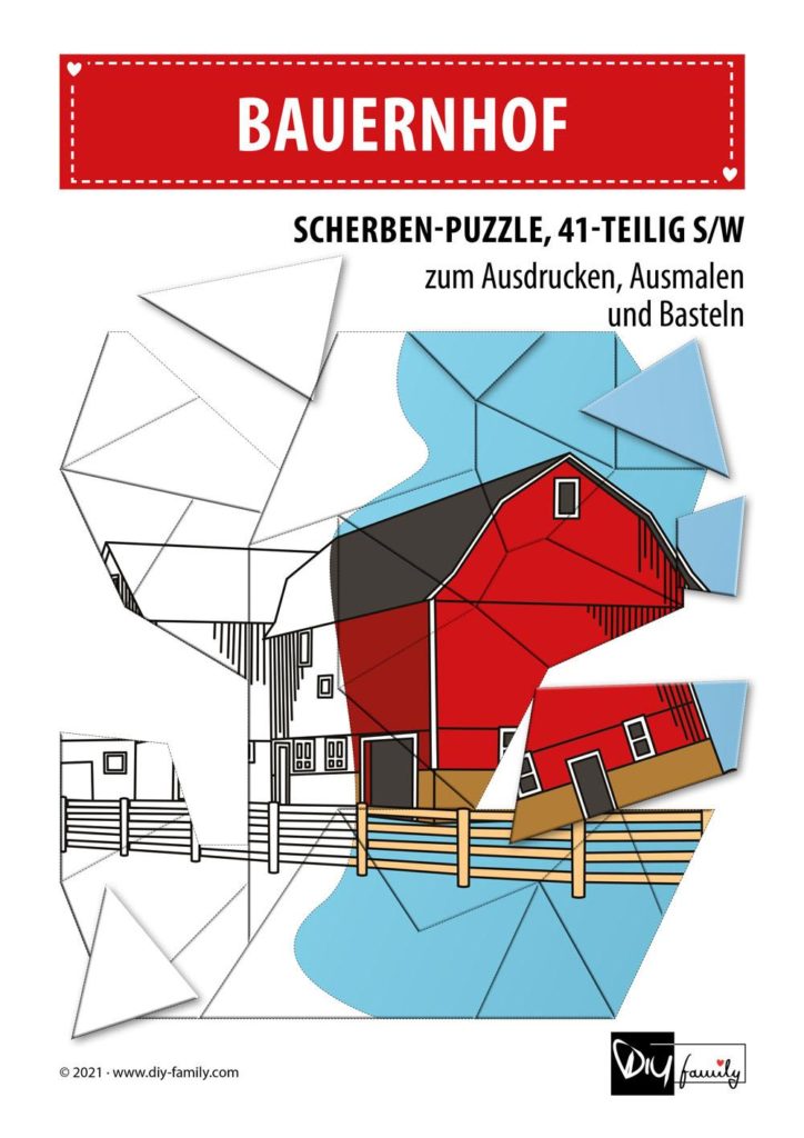 Bauernhof – Scherben-Puzzle zum Ausdrucken, Ausschneiden und Ausmalen