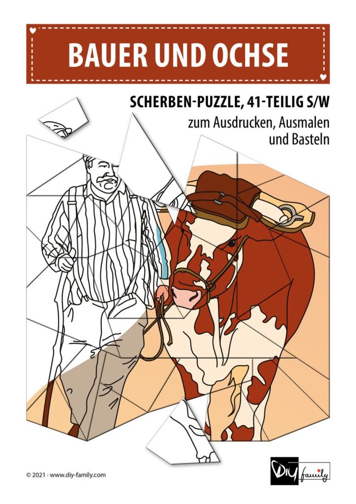 Bauer und Ochse – Scherben-Puzzle zum Ausdrucken, Ausschneiden und Ausmalen