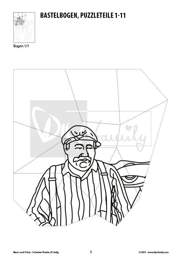 Bauer und Ochse – Scherben-Puzzle zum Ausdrucken, Ausschneiden und Ausmalen