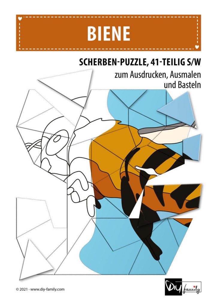 Biene – Scherben-Puzzle zum Ausdrucken, Ausschneiden und Ausmalen