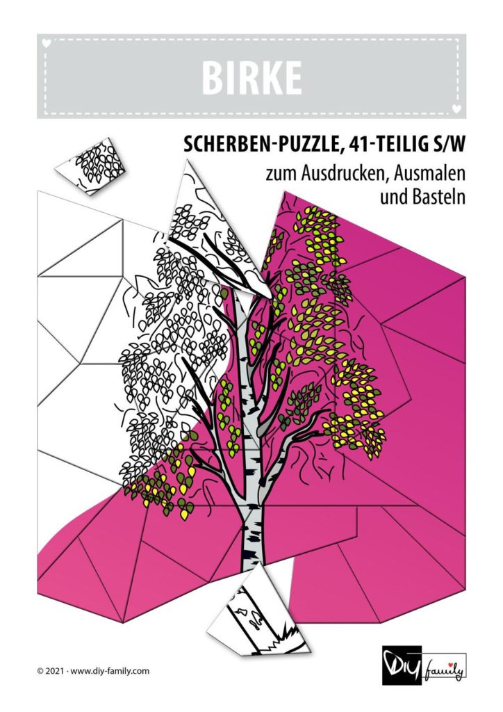 Birke – Scherben-Puzzle zum Ausdrucken, Ausschneiden und Ausmalen