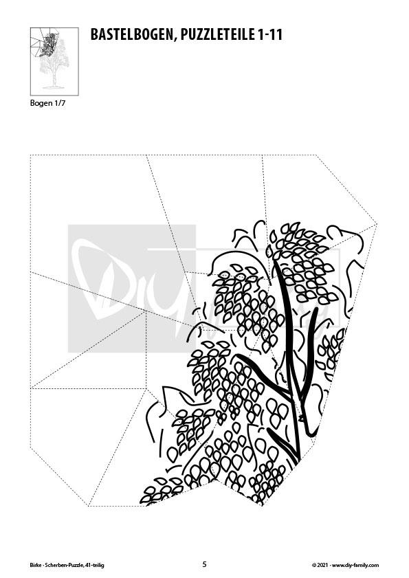 Birke – Scherben-Puzzle zum Ausdrucken, Ausschneiden und Ausmalen