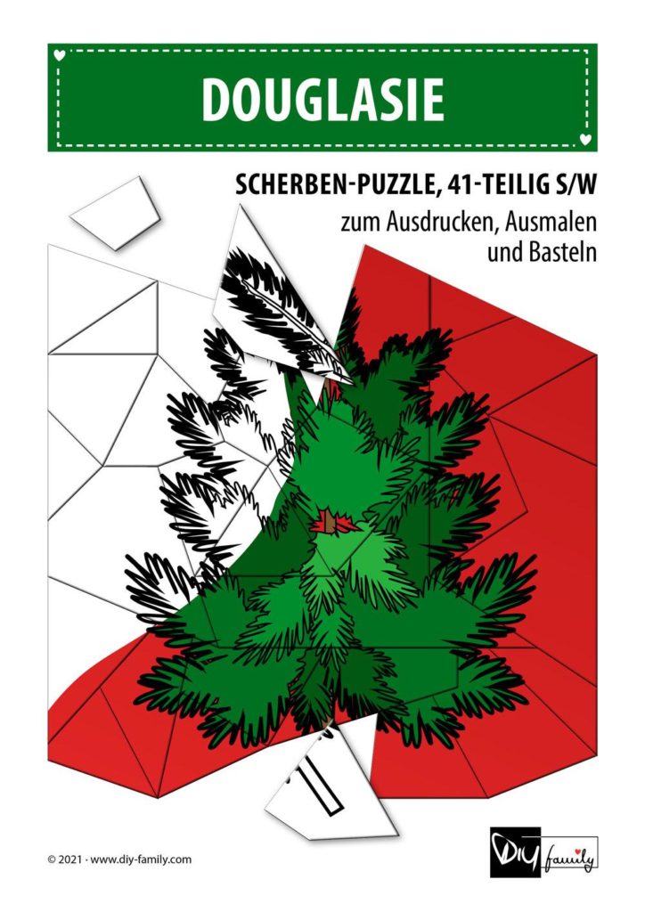 Douglasie – Scherben-Puzzle zum Ausdrucken, Ausschneiden und Ausmalen