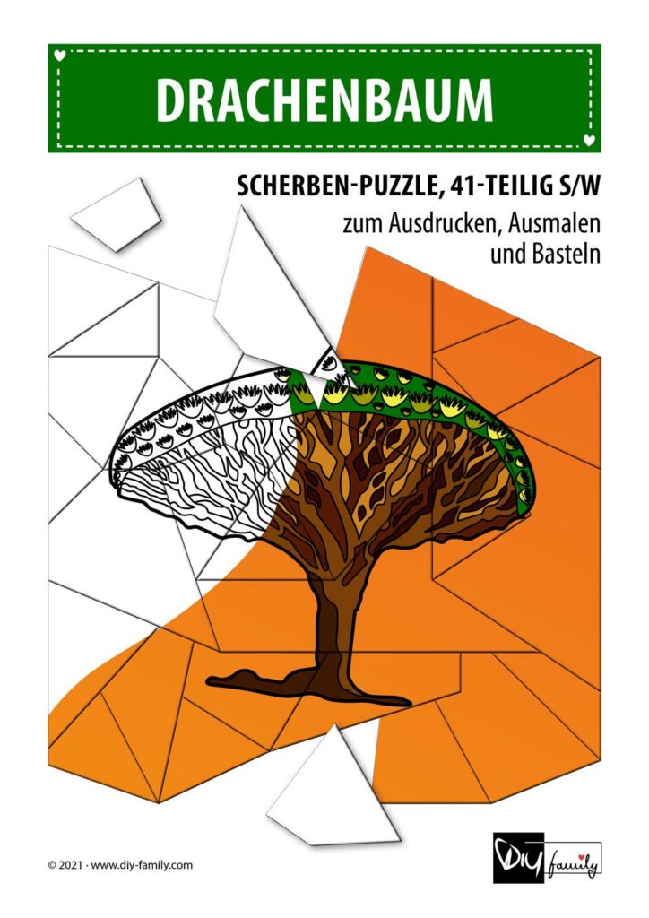 Drachenbaum – Scherben-Puzzle zum Ausdrucken, Ausschneiden und Ausmalen