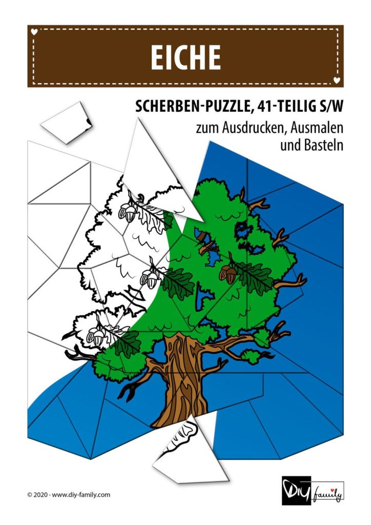 Eiche – Scherben-Puzzle zum Ausdrucken, Ausschneiden und Ausmalen