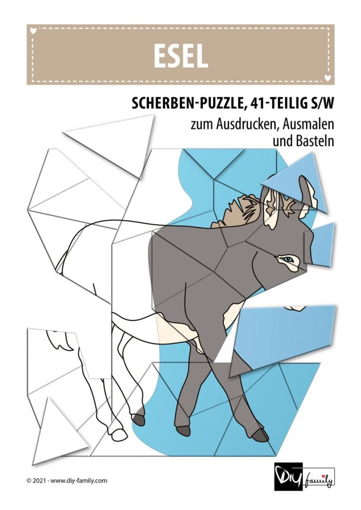 Esel – Scherben-Puzzle zum Ausdrucken, Ausschneiden und Ausmalen