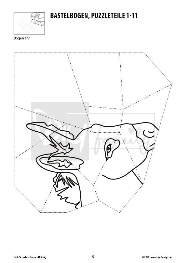 Esel – Scherben-Puzzle zum Ausdrucken, Ausschneiden und Ausmalen