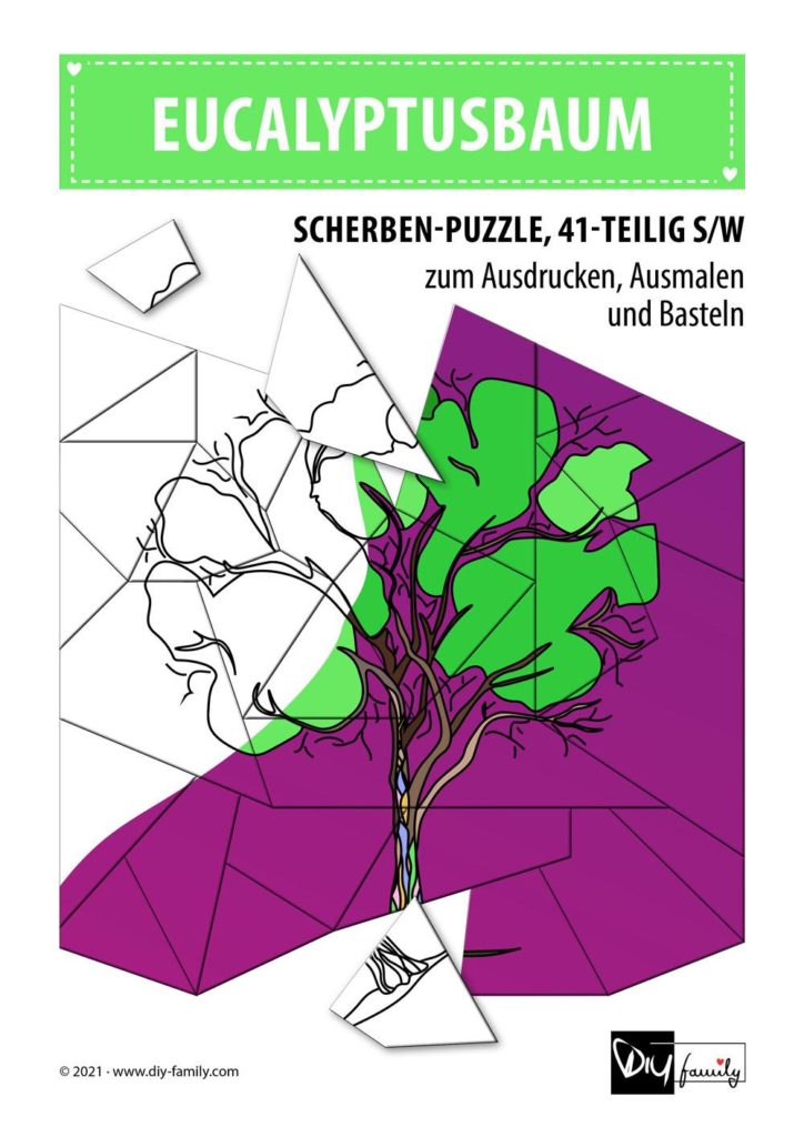 Eucalyptusbaum – Scherben-Puzzle zum Ausdrucken, Ausschneiden und Ausmalen