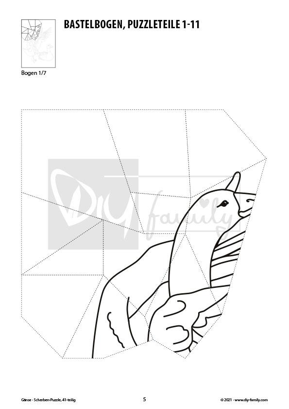 Gänse – Scherben-Puzzle zum Ausdrucken, Ausschneiden und Ausmalen