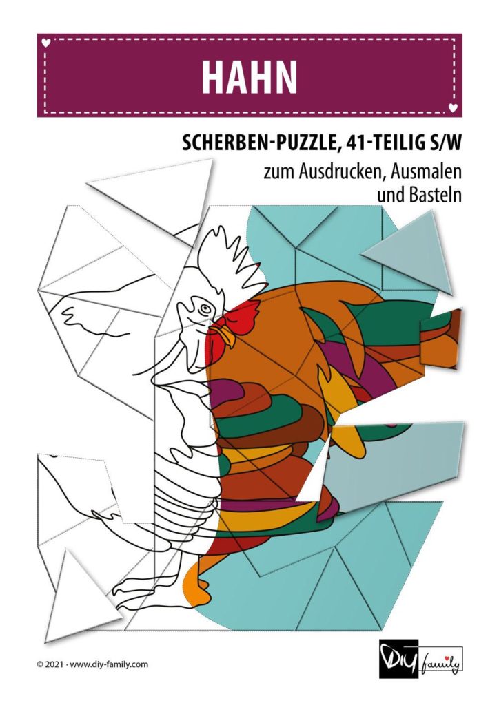 Hahn – Scherben-Puzzle zum Ausdrucken, Ausschneiden und Ausmalen