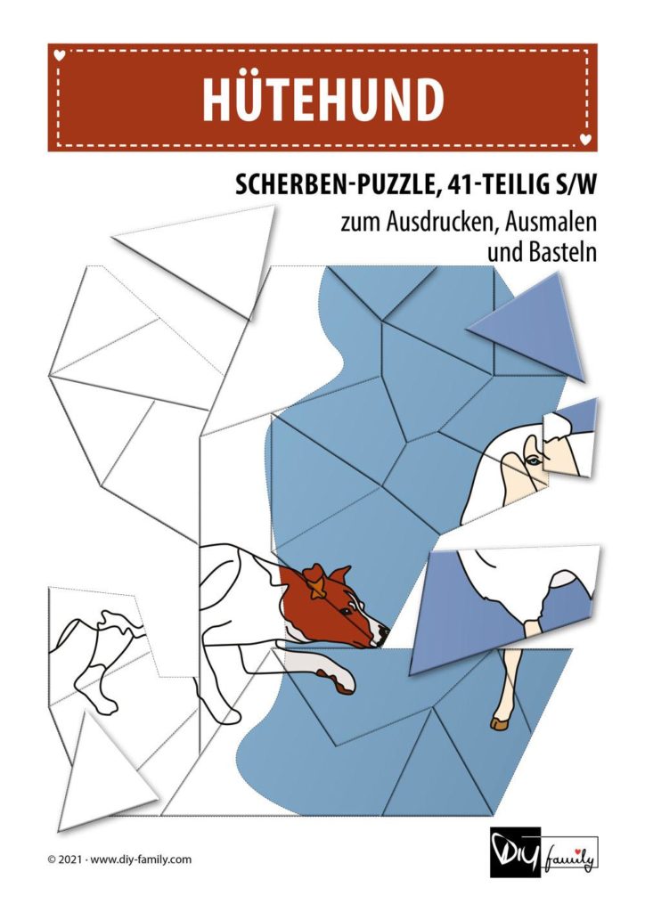Hütehund – Scherben-Puzzle zum Ausdrucken, Ausschneiden und Ausmalen