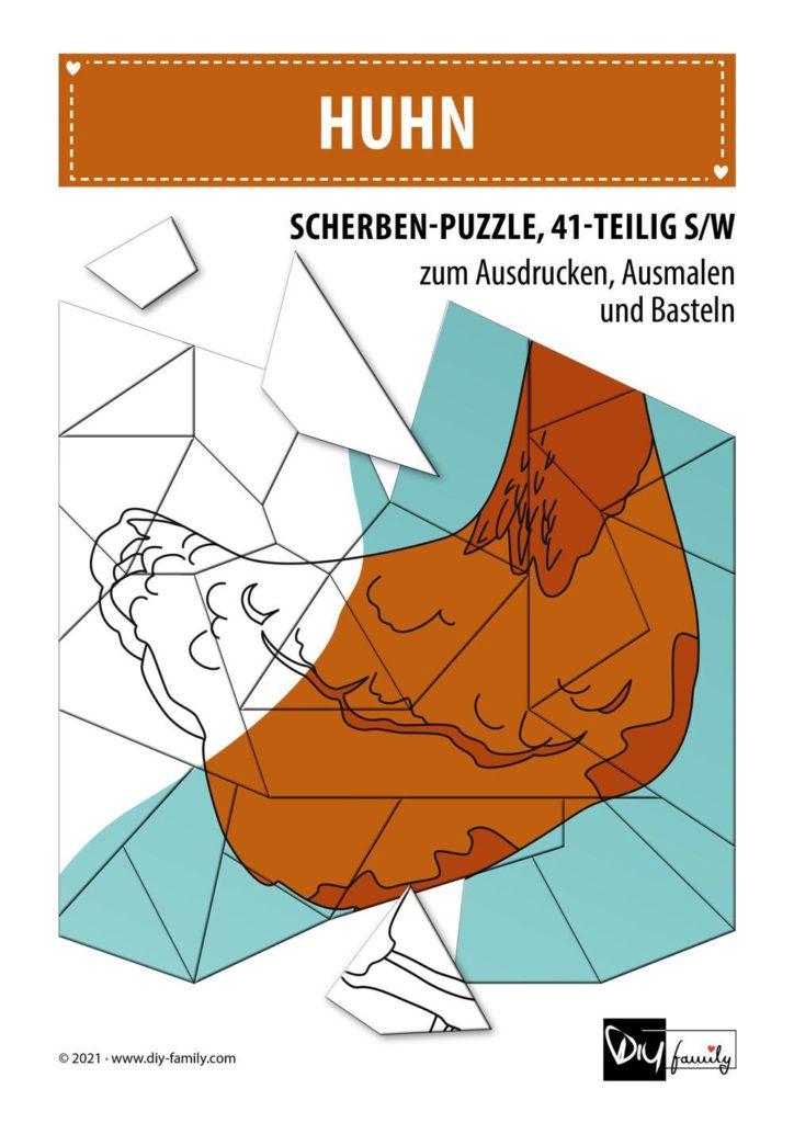 Huhn – Scherben-Puzzle zum Ausdrucken, Ausschneiden und Ausmalen