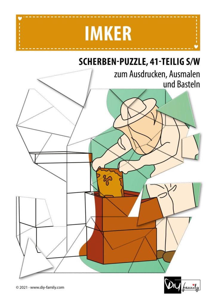 Imker – Scherben-Puzzle zum Ausdrucken, Ausschneiden und Ausmalen