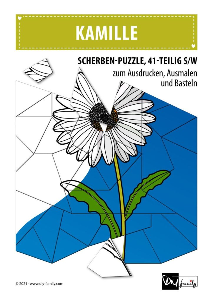 Kamille – Scherben-Puzzle zum Ausdrucken, Ausschneiden und Ausmalen