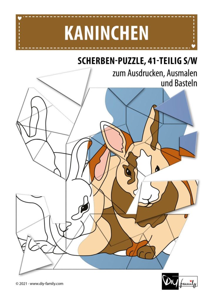 Kaninchen – Scherben-Puzzle zum Ausdrucken, Ausschneiden und Ausmalen