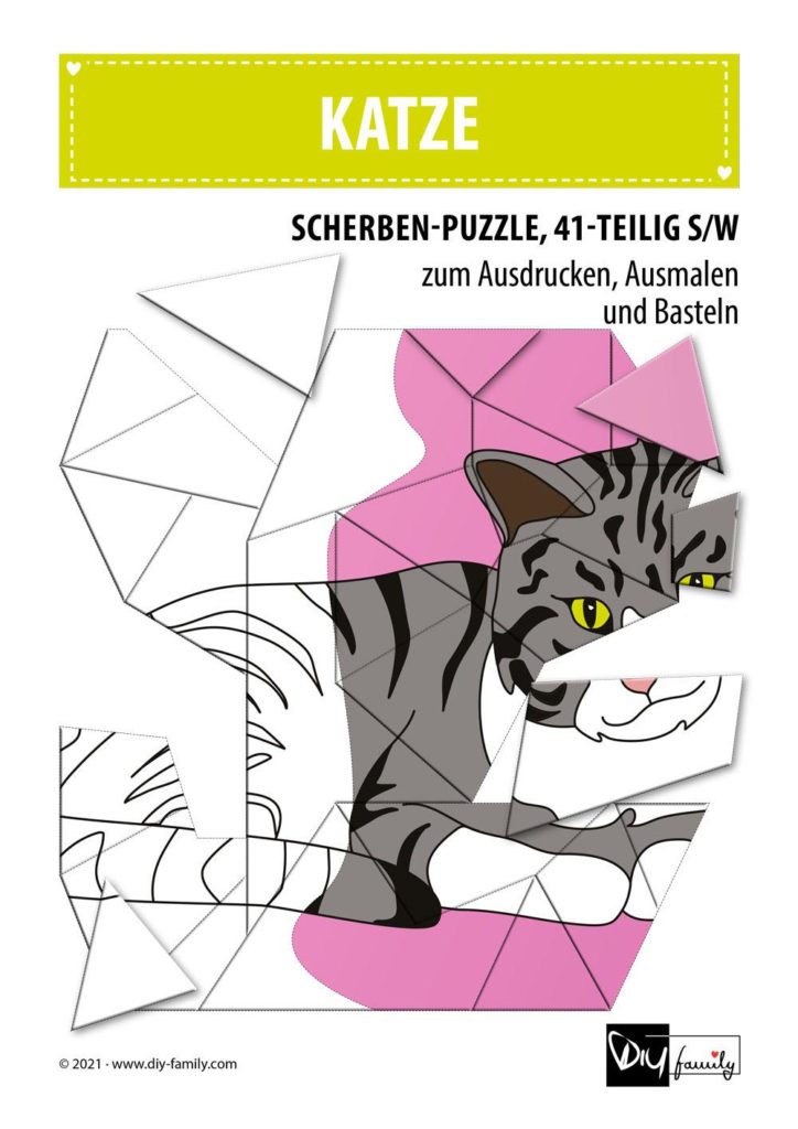 Katze – Scherben-Puzzle zum Ausdrucken, Ausschneiden und Ausmalen
