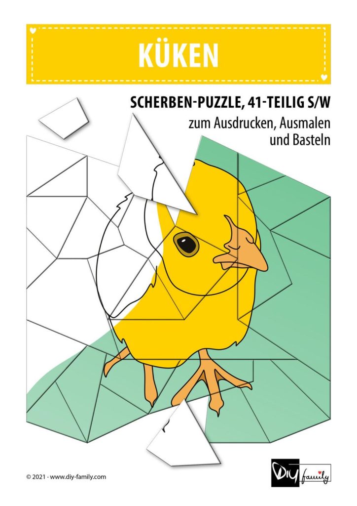 Küken – Scherben-Puzzle zum Ausdrucken, Ausschneiden und Ausmalen
