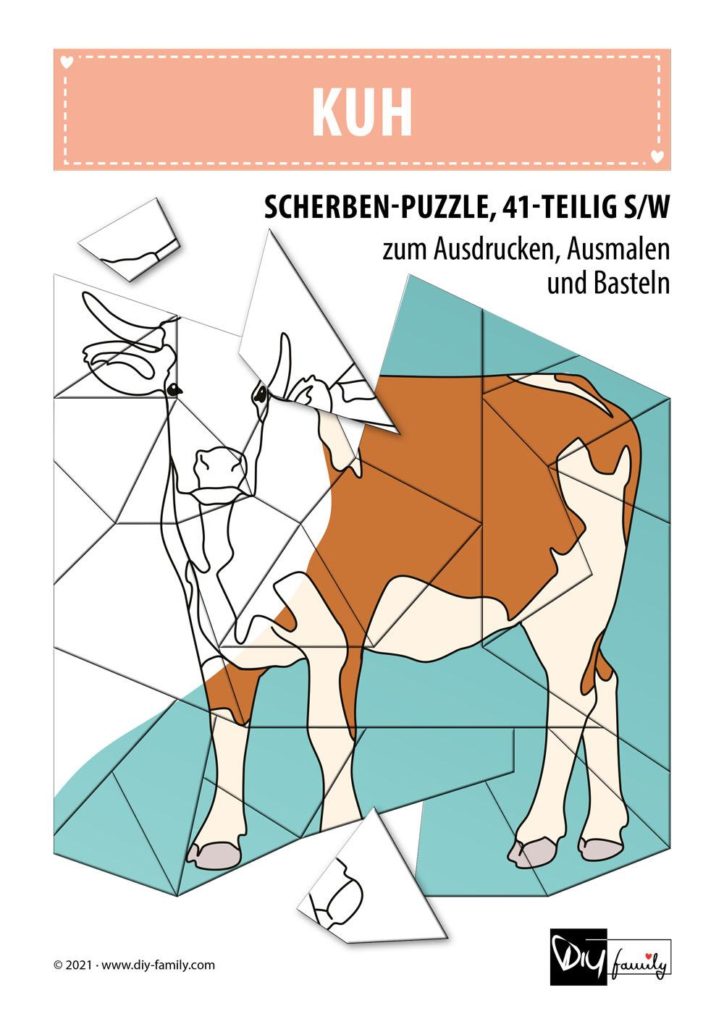 Kuh – Scherben-Puzzle zum Ausdrucken, Ausschneiden und Ausmalen