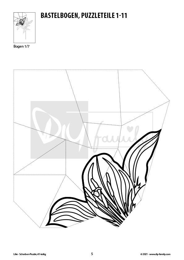 Lilie – Scherben-Puzzle zum Ausdrucken, Ausschneiden und Ausmalen