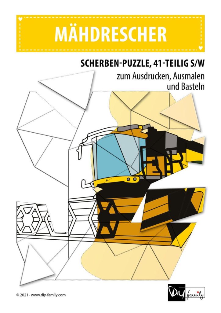 Mähdrescher – Scherben-Puzzle zum Ausdrucken, Ausschneiden und Ausmalen