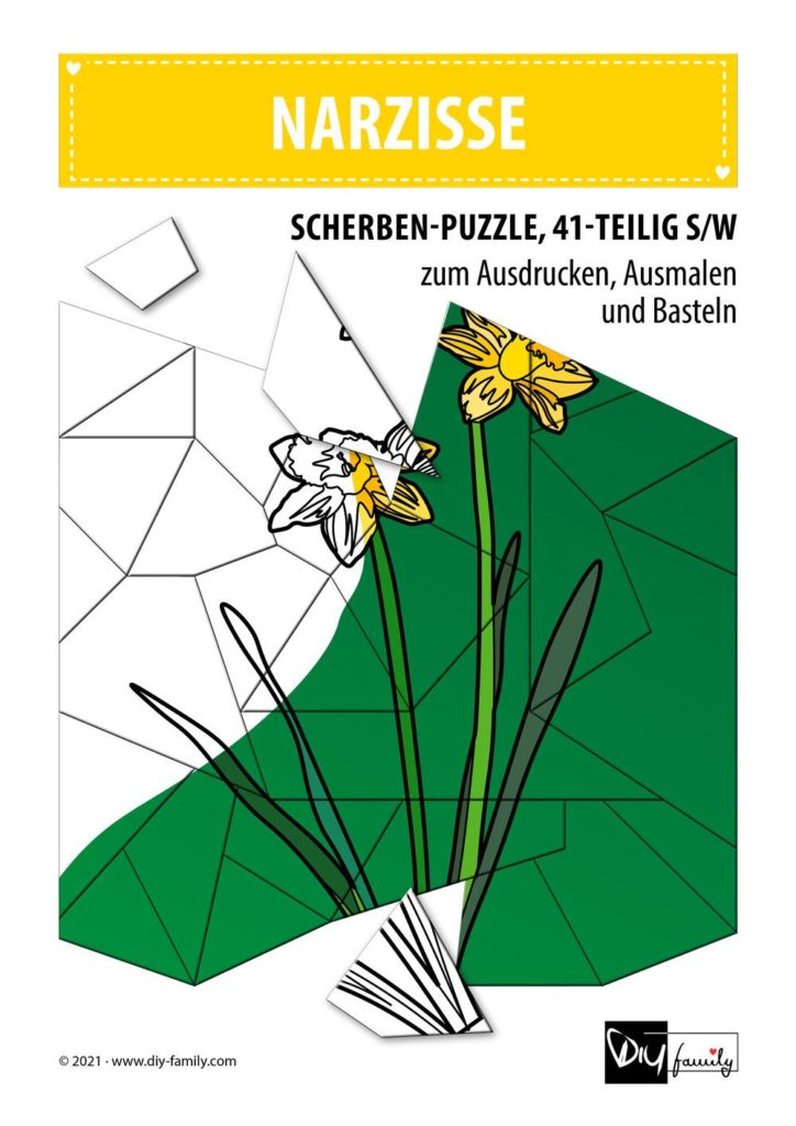 Narzisse – Scherben-Puzzle zum Ausdrucken, Ausschneiden und Ausmalen