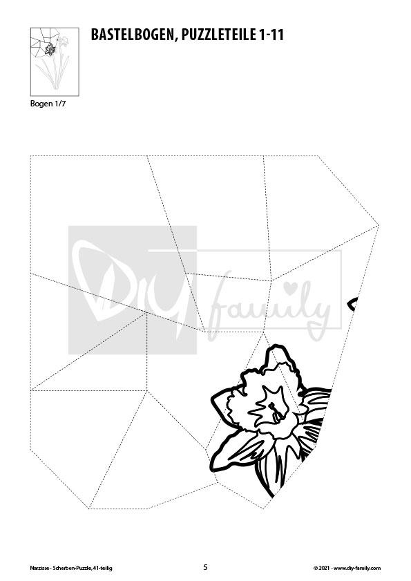 Narzisse – Scherben-Puzzle zum Ausdrucken, Ausschneiden und Ausmalen