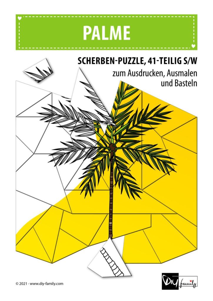 Palme – Scherben-Puzzle zum Ausdrucken, Ausschneiden und Ausmalen
