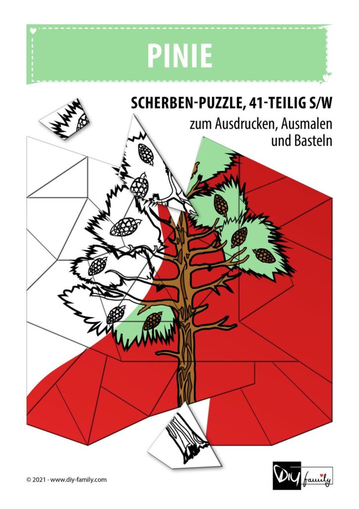 Pinie – Scherben-Puzzle zum Ausdrucken, Ausschneiden und Ausmalen
