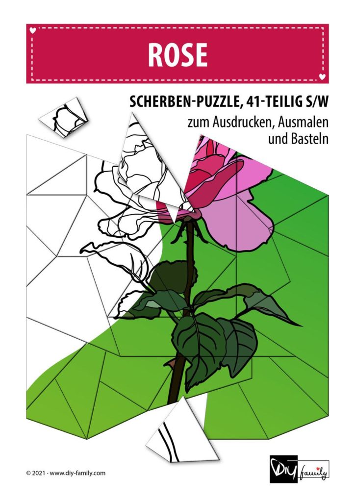 Rose – Scherben-Puzzle zum Ausdrucken, Ausschneiden und Ausmalen