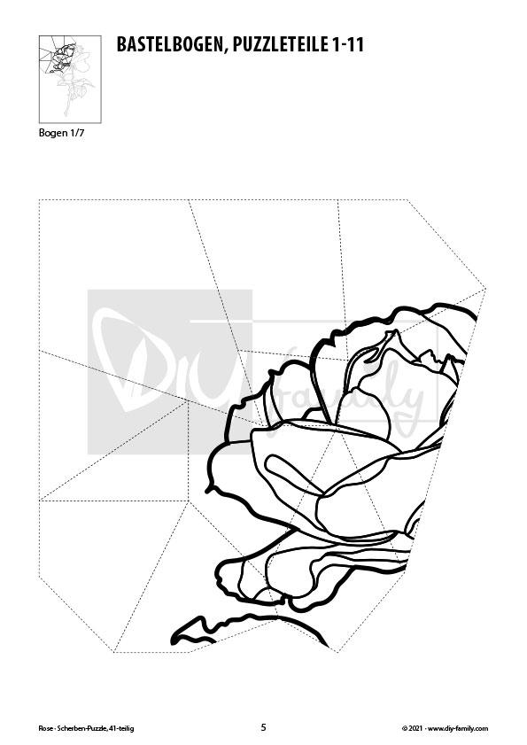 Rose – Scherben-Puzzle zum Ausdrucken, Ausschneiden und Ausmalen