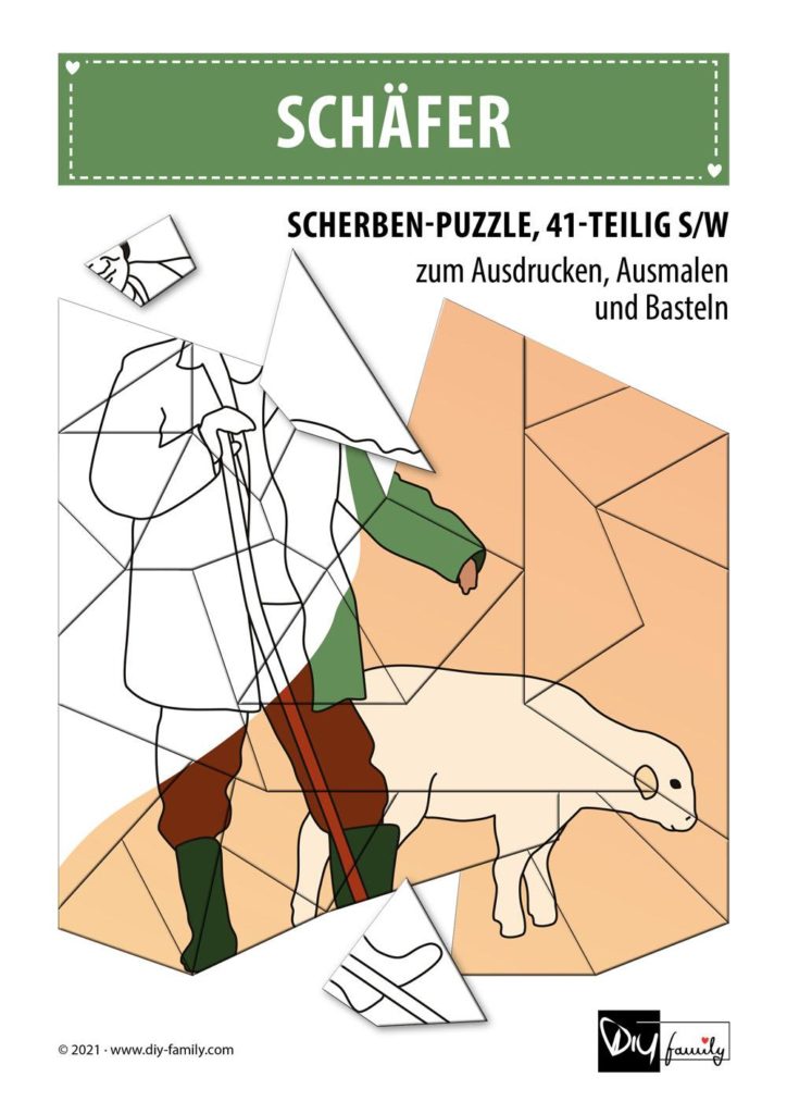 Schäfer – Scherben-Puzzle zum Ausdrucken, Ausschneiden und Ausmalen