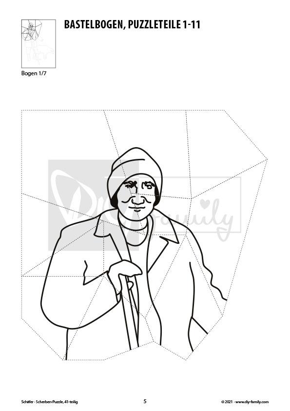 Schäfer – Scherben-Puzzle zum Ausdrucken, Ausschneiden und Ausmalen
