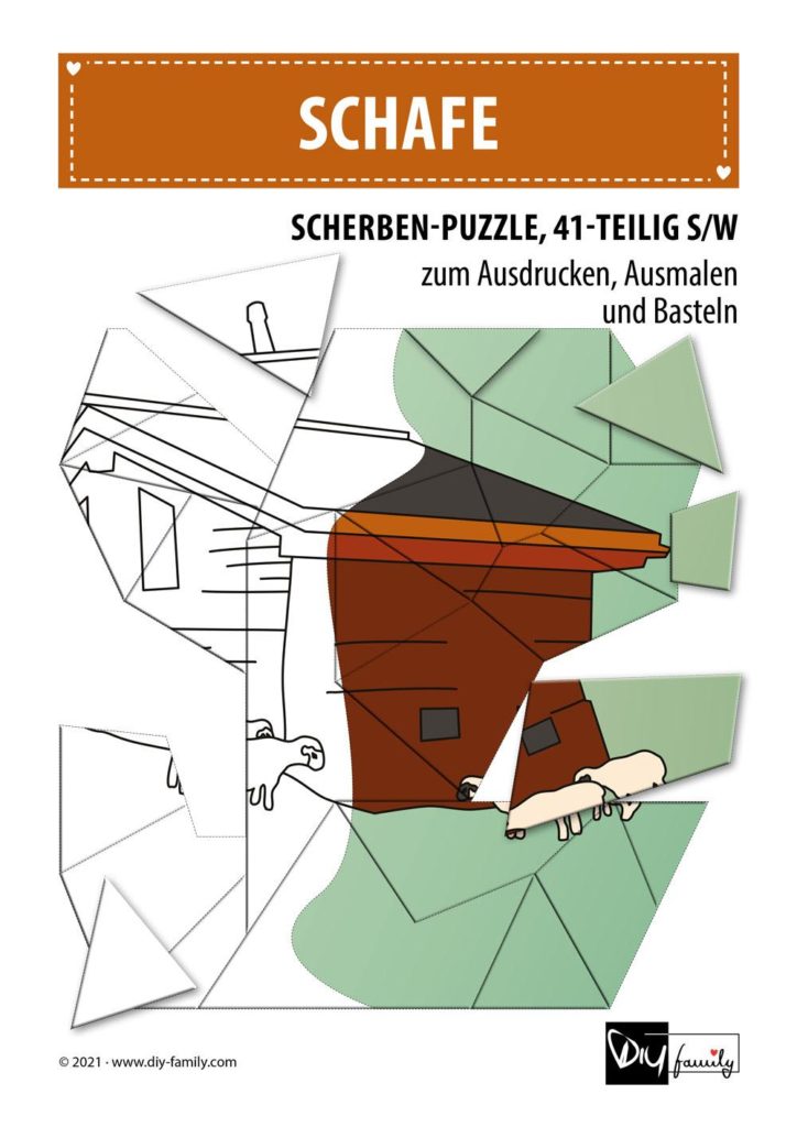 Schafe – Scherben-Puzzle zum Ausdrucken, Ausschneiden und Ausmalen