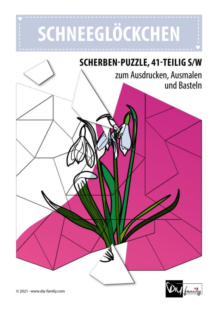 Schneeglöckchen – Scherben-Puzzle zum Ausdrucken, Ausschneiden und Ausmalen