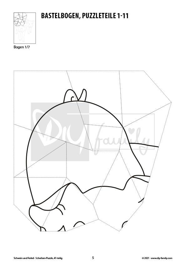 Schwein und Ferkel – Scherben-Puzzle zum Ausdrucken, Ausschneiden und Ausmalen