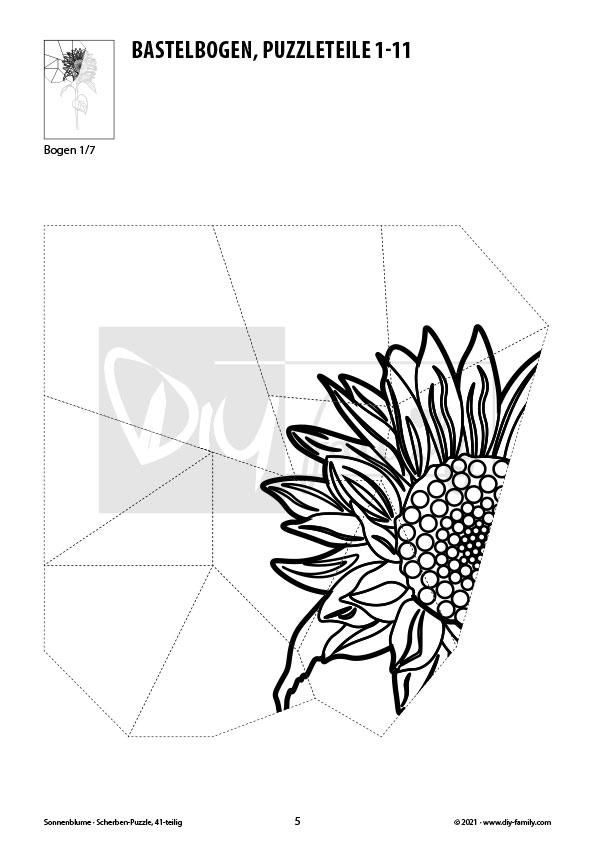 Sonnenblume – Scherben-Puzzle zum Ausdrucken, Ausschneiden und Ausmalen