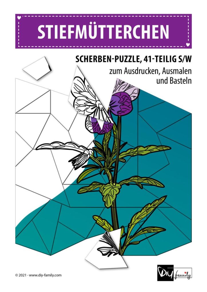 Stiefmütterchen – Scherben-Puzzle zum Ausdrucken, Ausschneiden und Ausmalen