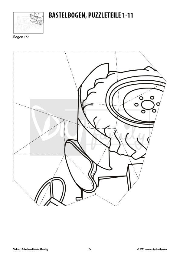 Traktor – Scherben-Puzzle zum Ausdrucken, Ausschneiden und Ausmalen