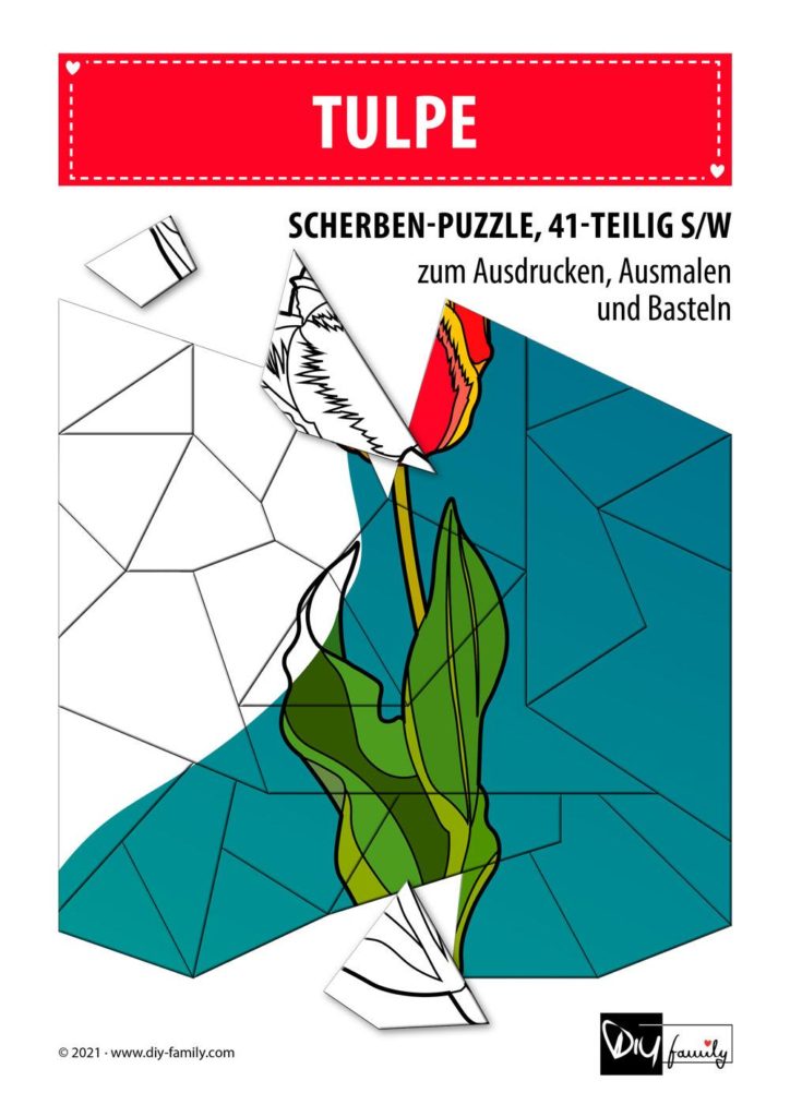 Tulpe – Scherben-Puzzle zum Ausdrucken, Ausschneiden und Ausmalen