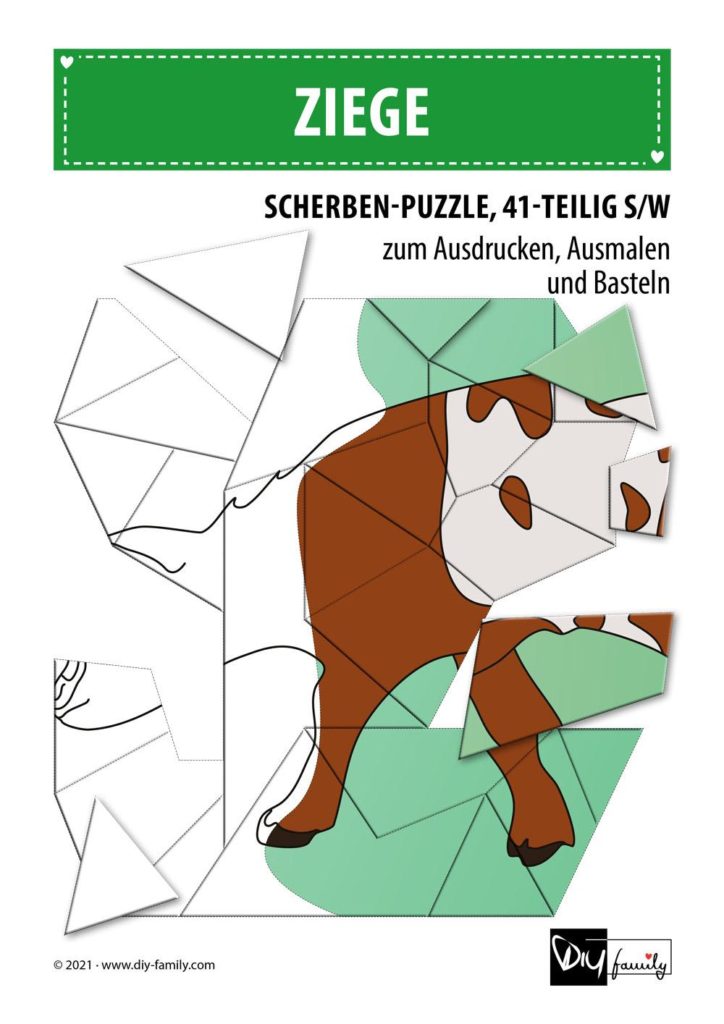Ziege – Scherben-Puzzle zum Ausdrucken, Ausschneiden und Ausmalen