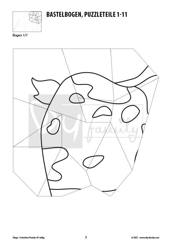 Ziege – Scherben-Puzzle zum Ausdrucken, Ausschneiden und Ausmalen