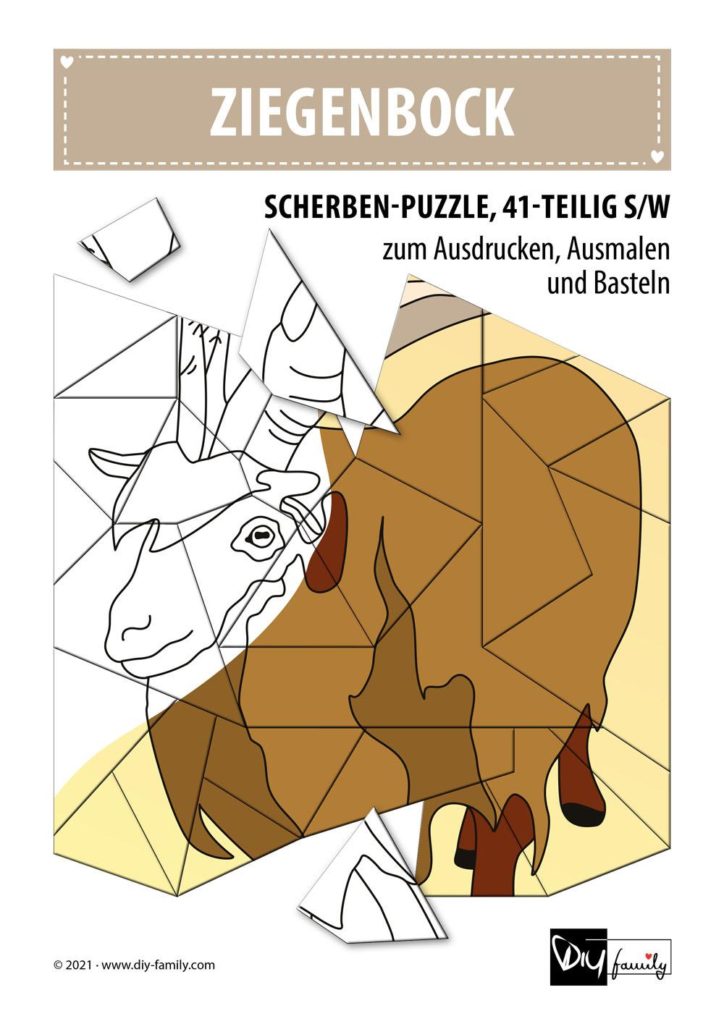 Ziegenbock – Scherben-Puzzle zum Ausdrucken, Ausschneiden und Ausmalen