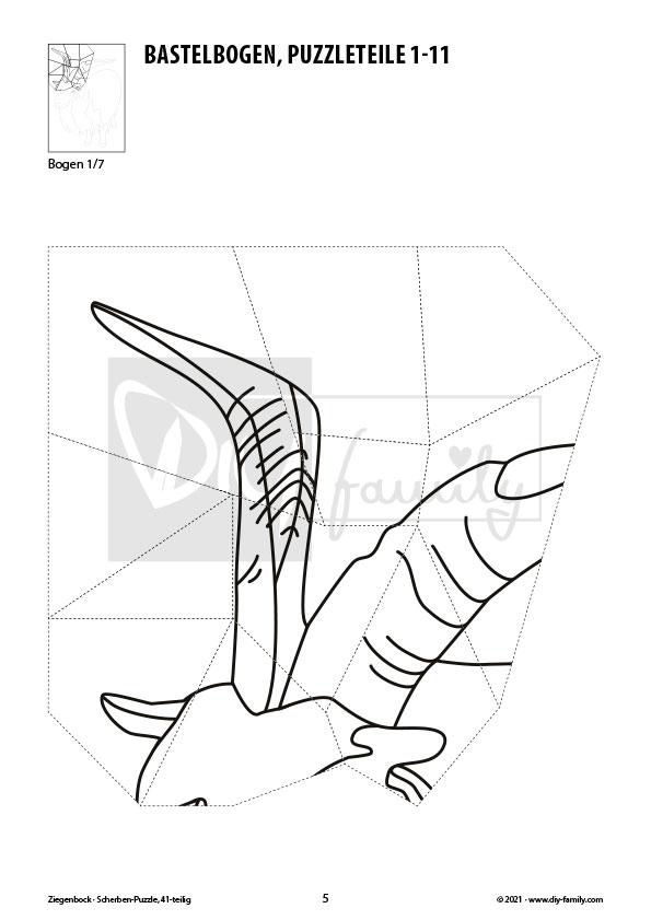 Ziegenbock – Scherben-Puzzle zum Ausdrucken, Ausschneiden und Ausmalen
